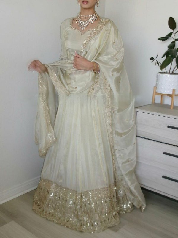 White Elegant soft look lehenga gold sequence
