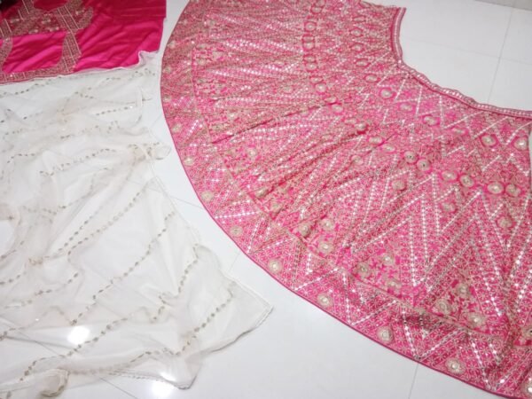 Pink Mirror Embroidered Devsena Silk Elegant Dinner Lehenga
