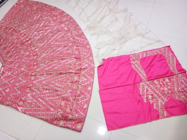 Pink Mirror Embroidered Devsena Silk Elegant Dinner Lehenga