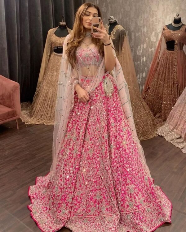 Pink Mirror Embroidered Devsena Silk Elegant Dinner Lehenga