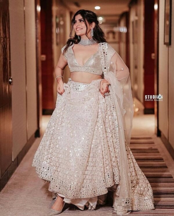 White mirror like foil work design dinner lehenga