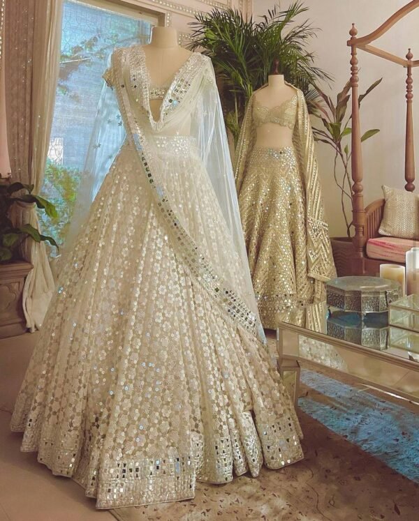 White mirror like foil work design dinner lehenga