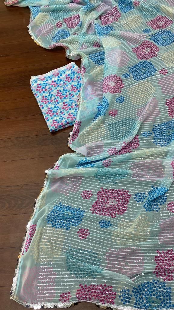 Soft blue and mint Saree elegant dinner shiny wear