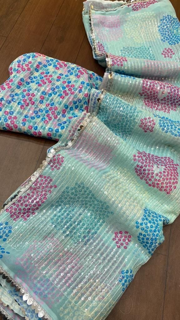 Soft blue and mint Saree elegant dinner shiny wear