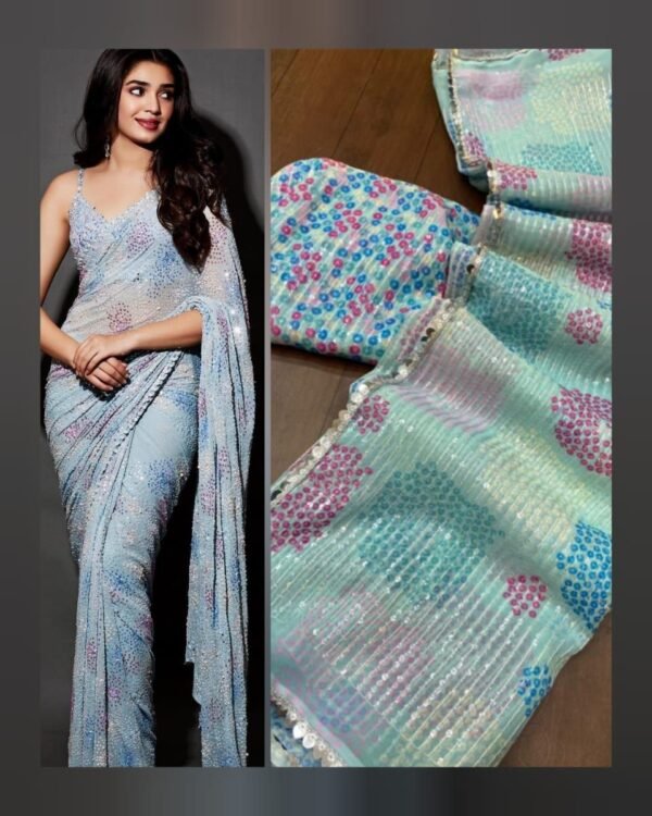 Soft blue and mint Saree elegant dinner shiny wear