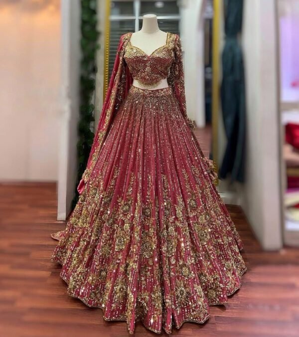 Red lehenga with gold Sequence Shiny Vibrant Dinner Wear