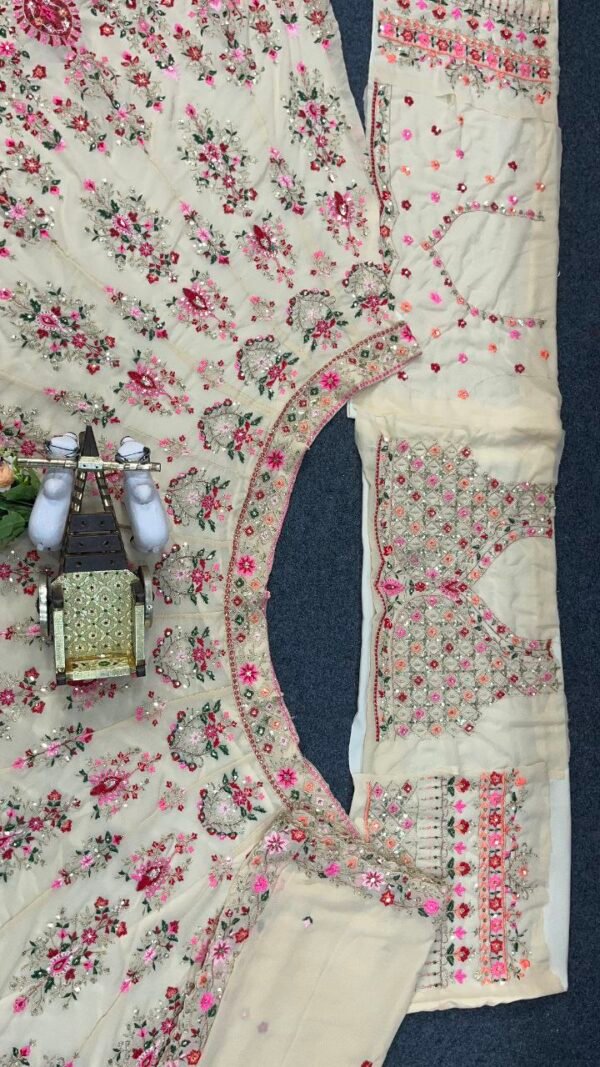 White lehenga with pink floral elegant dinner lehenga