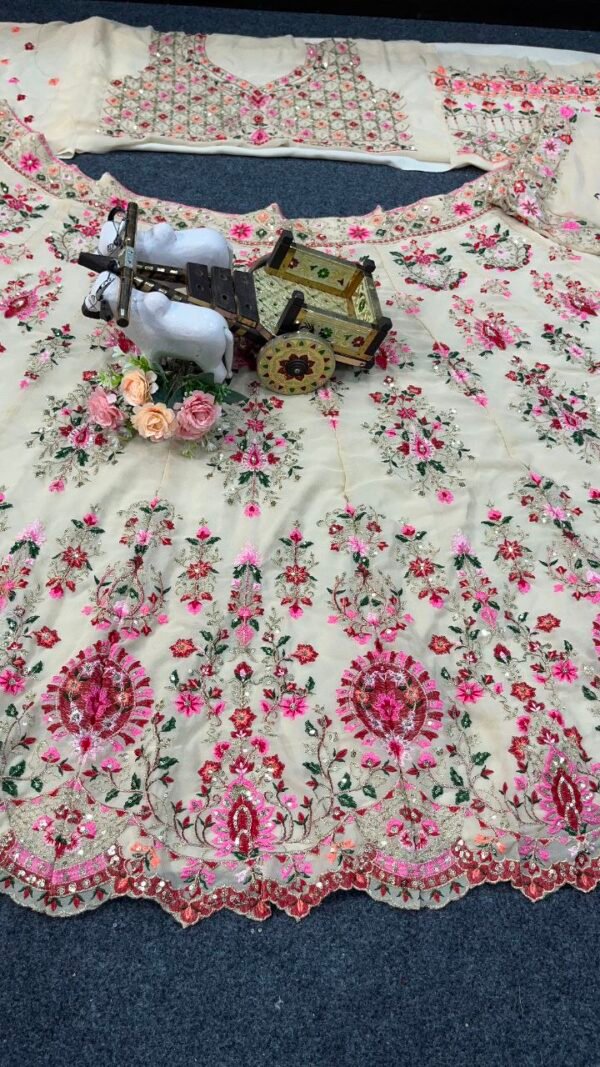 White lehenga with pink floral elegant dinner lehenga