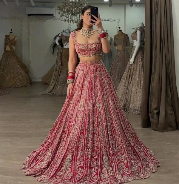 Red Grand Bridal full Sequence silk lehenga shiny