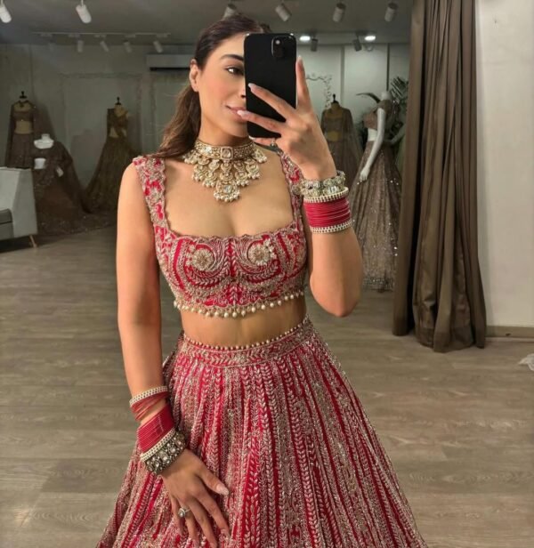 Red Grand Bridal full Sequence silk lehenga shiny