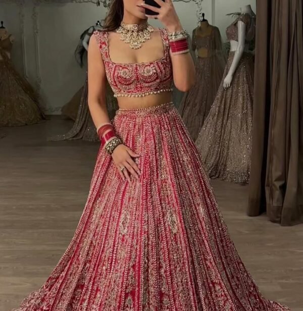Red Grand Bridal full Sequence silk lehenga shiny