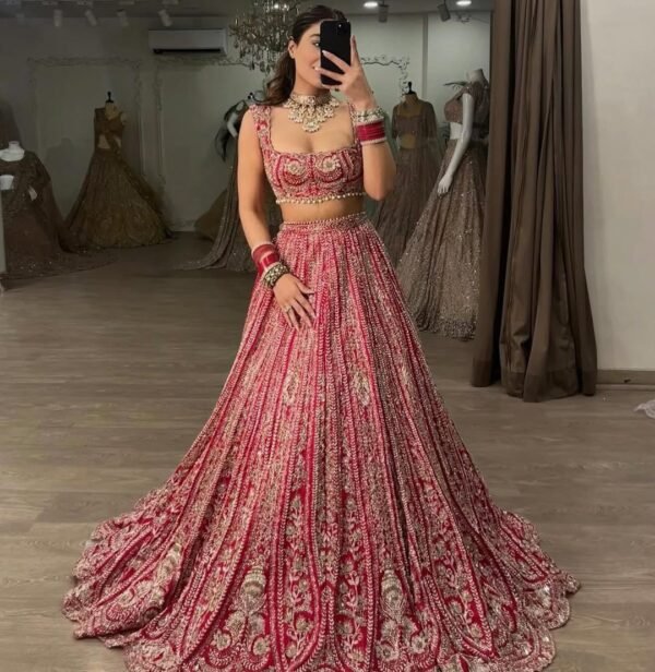 Red Grand Bridal full Sequence silk lehenga shiny