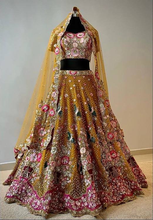 Orange floral design embroidery dinner grand lehenga