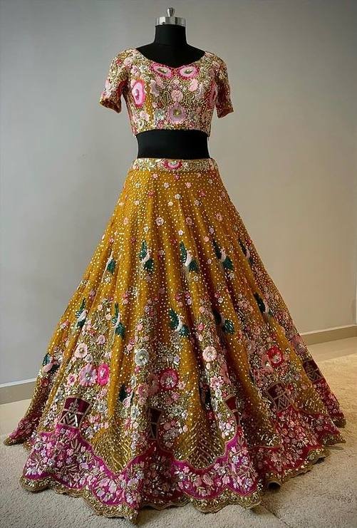 Orange floral design embroidery dinner grand lehenga