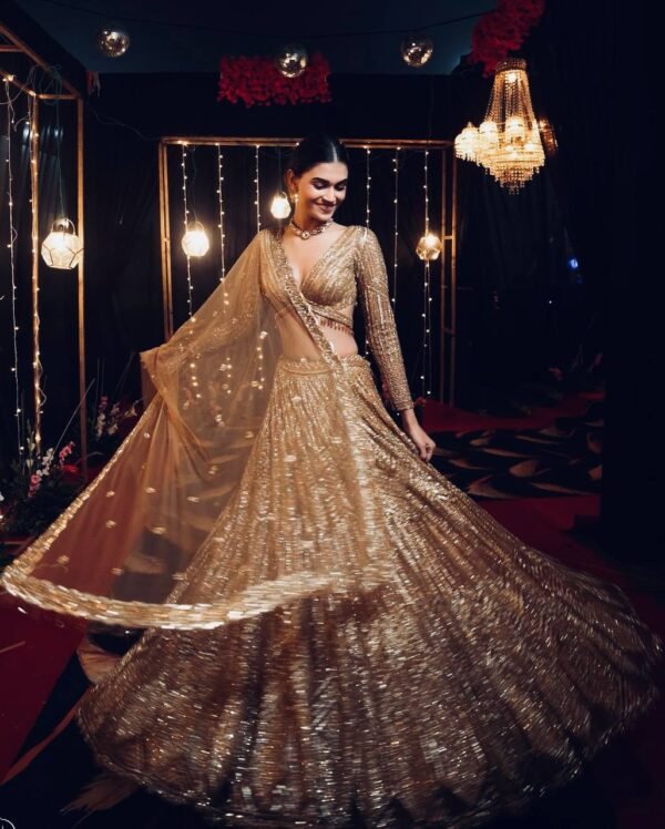 Gold glamour kasturi silk glitter Georgette dinner lehenga