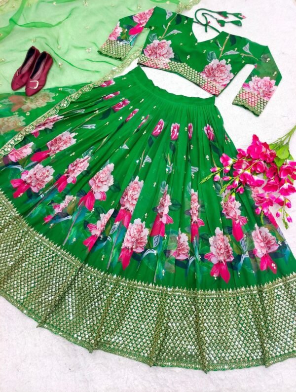 Green Fox Georgette With Digital Print flower design lehenga