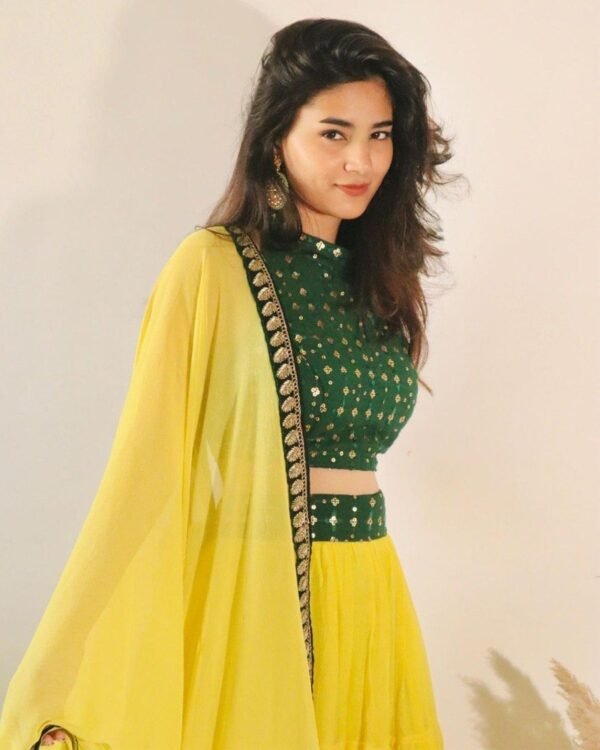 photo_6197106542604563918_y Yellow banglori silk georgette casual sequence lehenga
