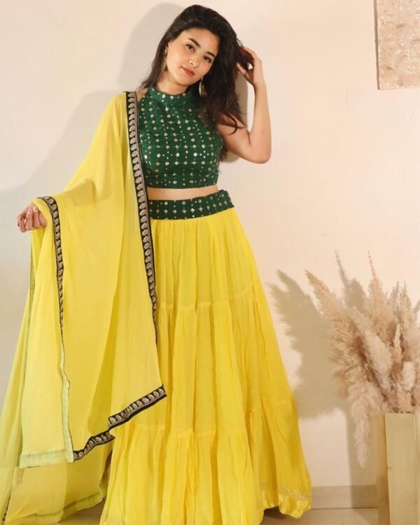 photo_6197106542604563923_y Yellow banglori silk georgette casual sequence lehenga