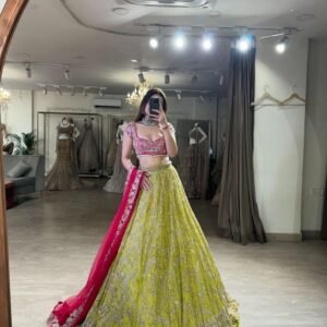 Apple Green with pink blouse dinner Kasturi Silk lehenga
