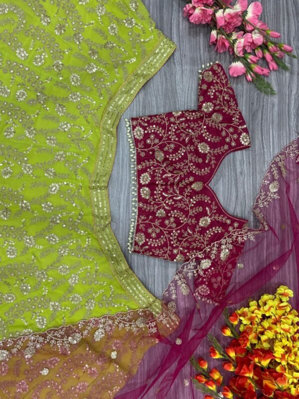 photo_6224158626046657055_y Apple Green with pink blouse dinner Kasturi Silk lehenga