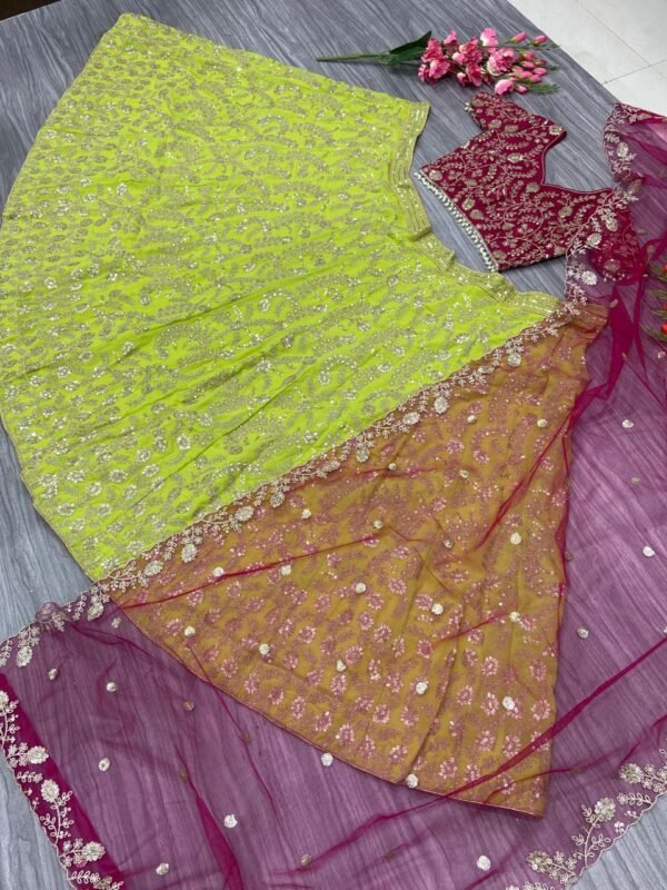 photo_6224158626046657058_y Apple Green with pink blouse dinner Kasturi Silk lehenga