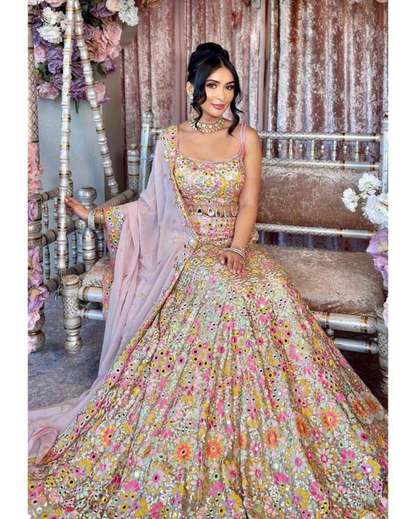 White mirror Embroidery Sequins floral design bridal lehenga