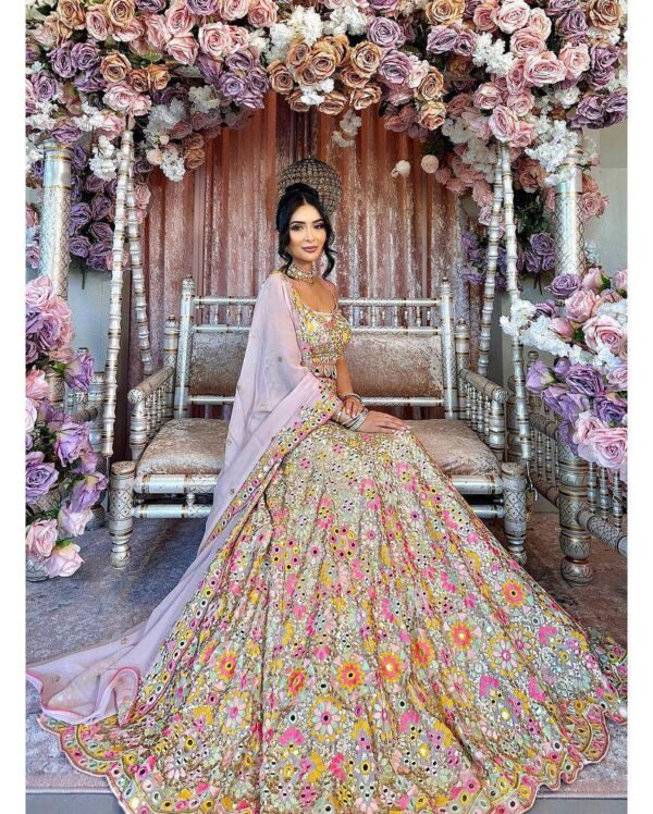 White mirror Embroidery Sequins floral design bridal lehenga