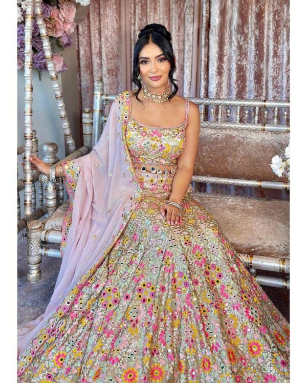 White mirror Embroidery Sequins floral design bridal lehenga
