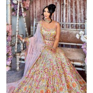 White mirror Embroidery Sequins floral design bridal lehenga