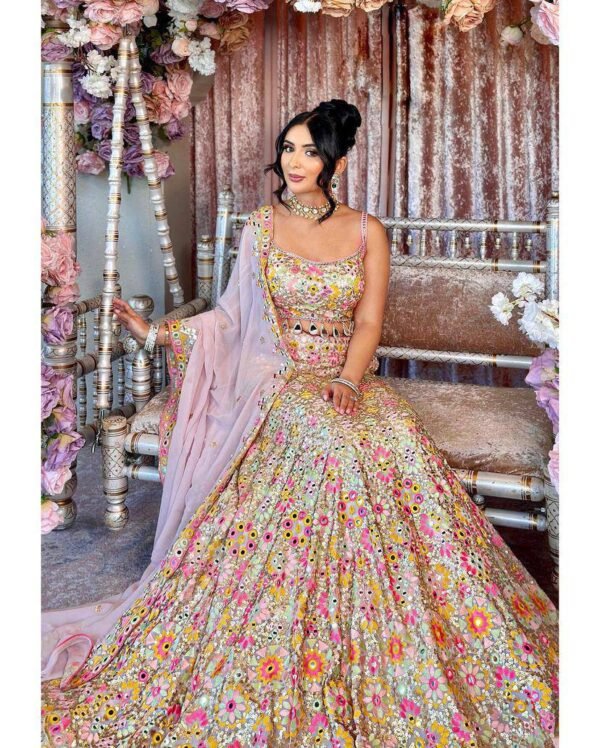 White mirror Embroidery Sequins floral design bridal lehenga