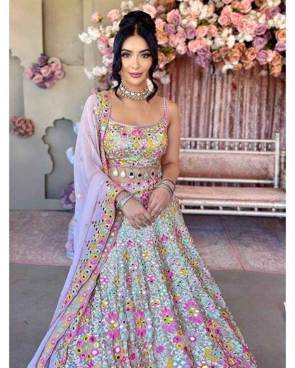 White mirror Embroidery Sequins floral design bridal lehenga