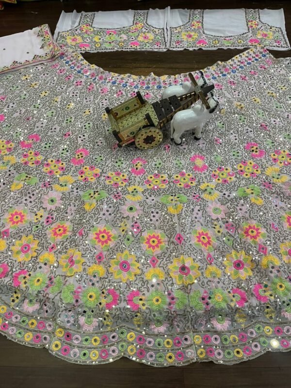 White mirror Embroidery Sequins floral design bridal lehenga