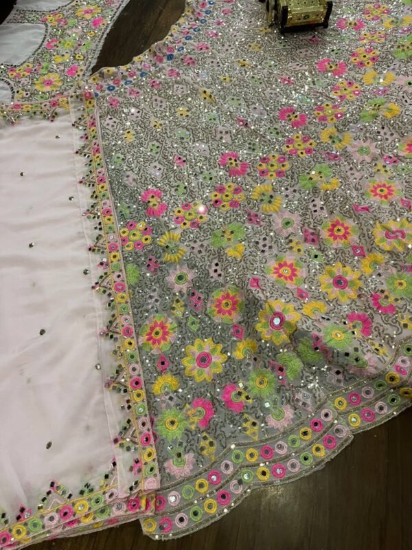 White mirror Embroidery Sequins floral design bridal lehenga