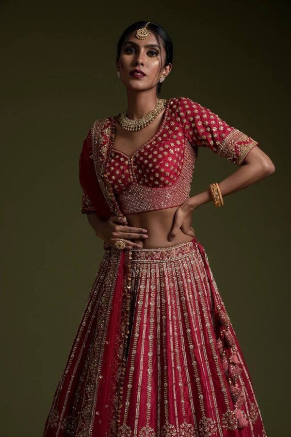 Red Bollywood grand shiny dinner bridal sequence lehenga
