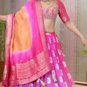 Chinon Silk Digital Print pink with orange Cotton Lehenga