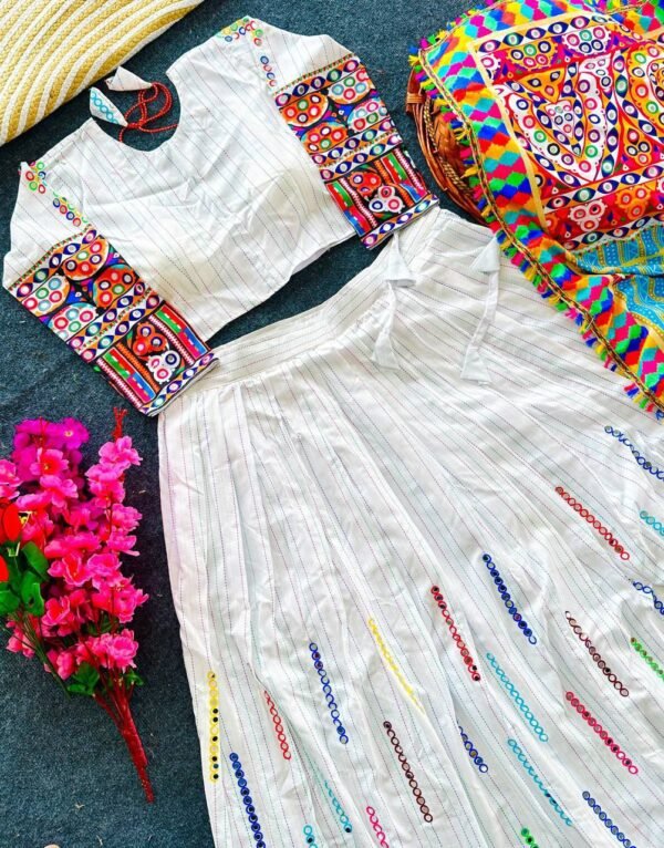 photo_6334725631299930440_y White navratri lehenga choli mirror work casual wear