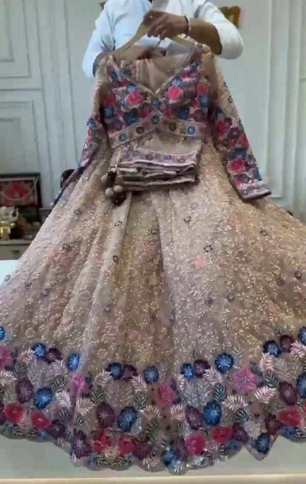 White dinner bridal lehenga colourful floral pattern