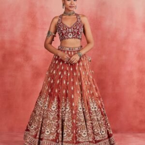 Dusty orange skirt with deep red blouse dinner lehenga