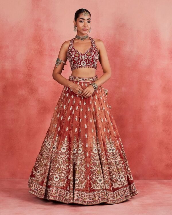 Dusty orange skirt with deep red blouse dinner lehenga