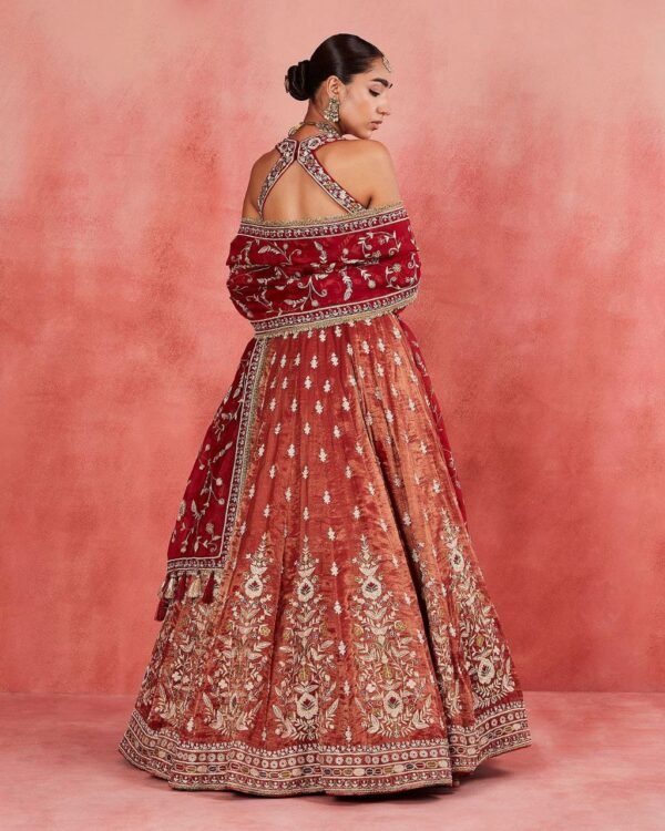 Dusty orange skirt with deep red blouse dinner lehenga