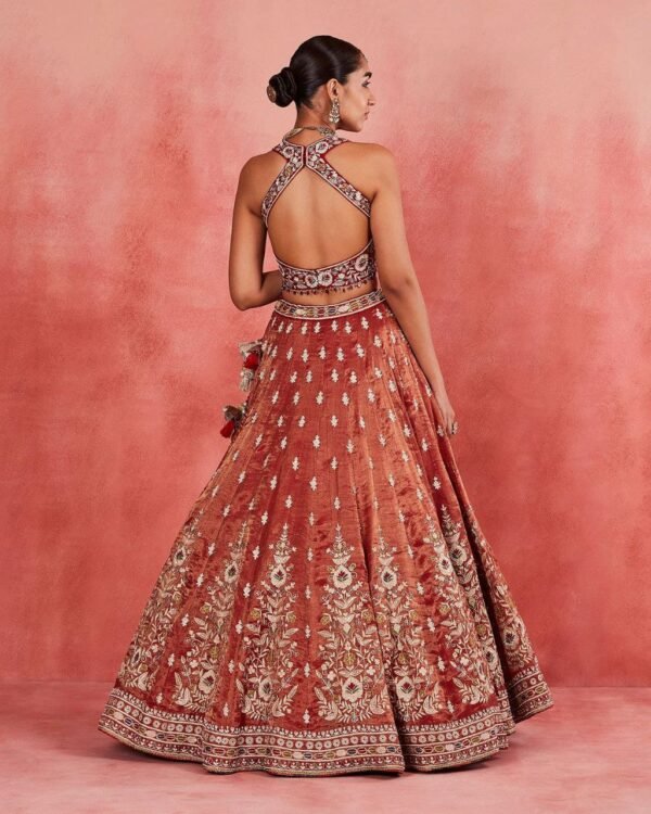 Dusty orange skirt with deep red blouse dinner lehenga