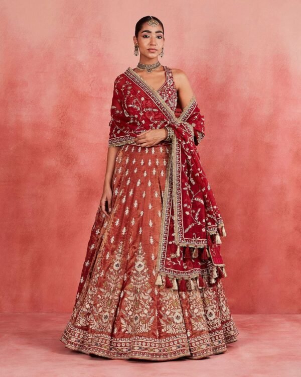 Dusty orange skirt with deep red blouse dinner lehenga