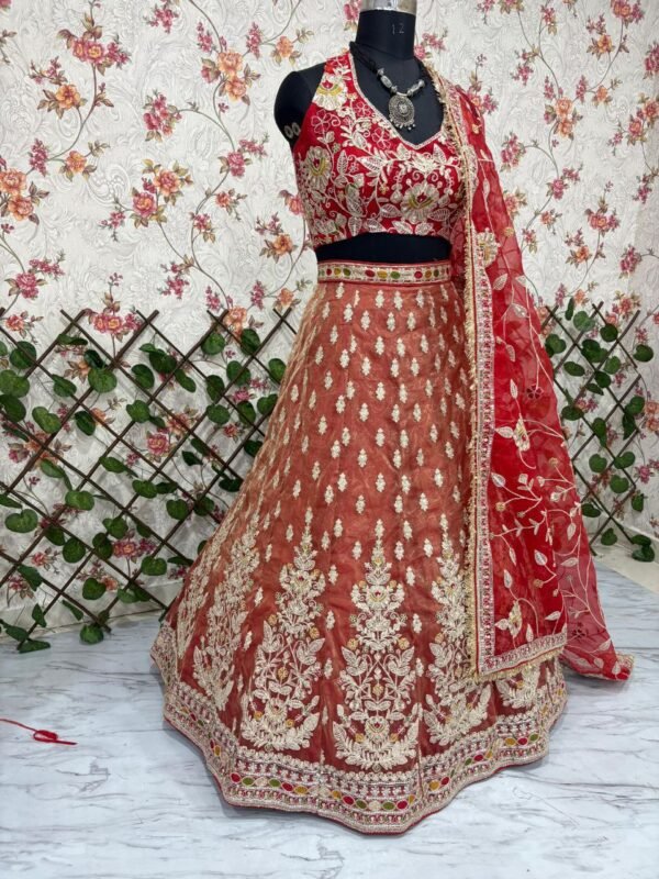 Dusty orange skirt with deep red blouse dinner lehenga