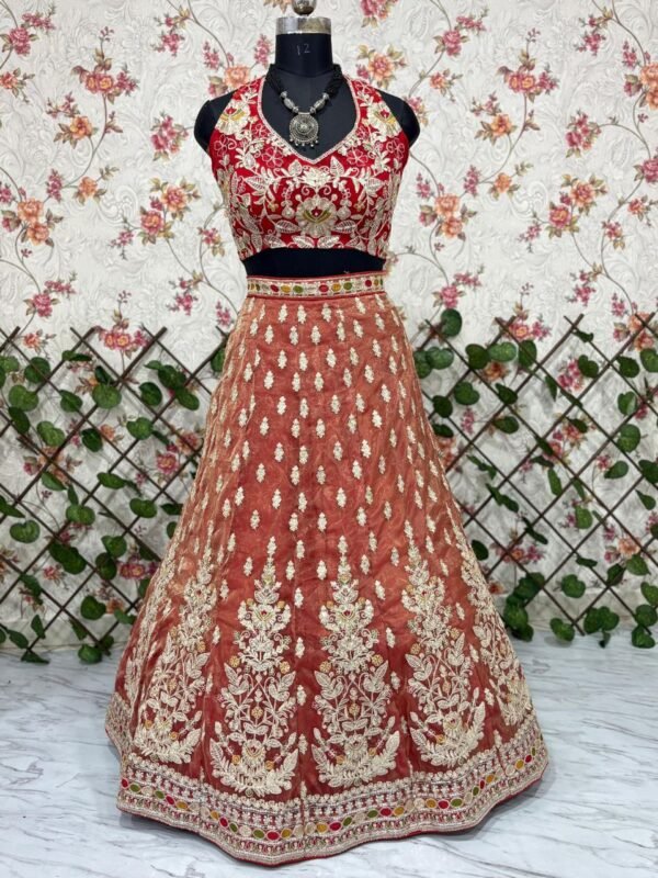 Dusty orange skirt with deep red blouse dinner lehenga