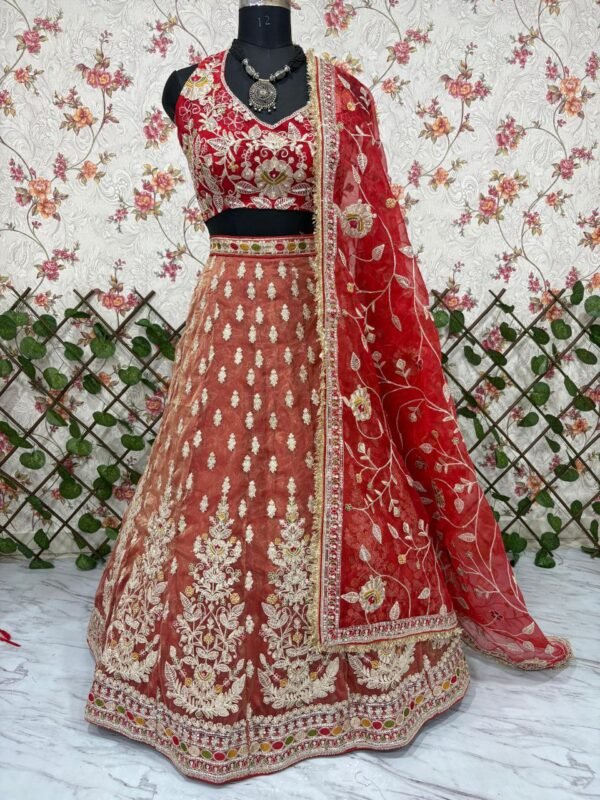 Dusty orange skirt with deep red blouse dinner lehenga