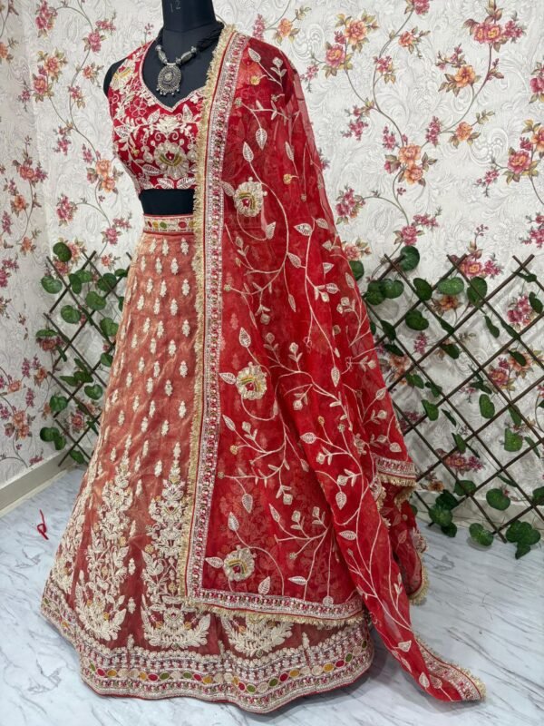 Dusty orange skirt with deep red blouse dinner lehenga