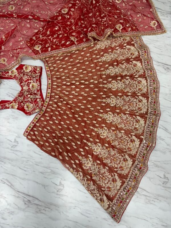 Dusty orange skirt with deep red blouse dinner lehenga