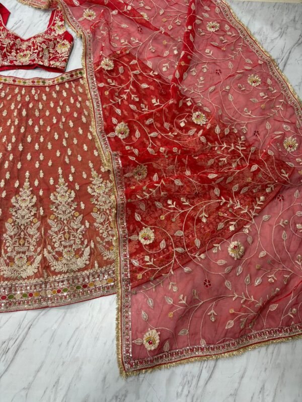 Dusty orange skirt with deep red blouse dinner lehenga