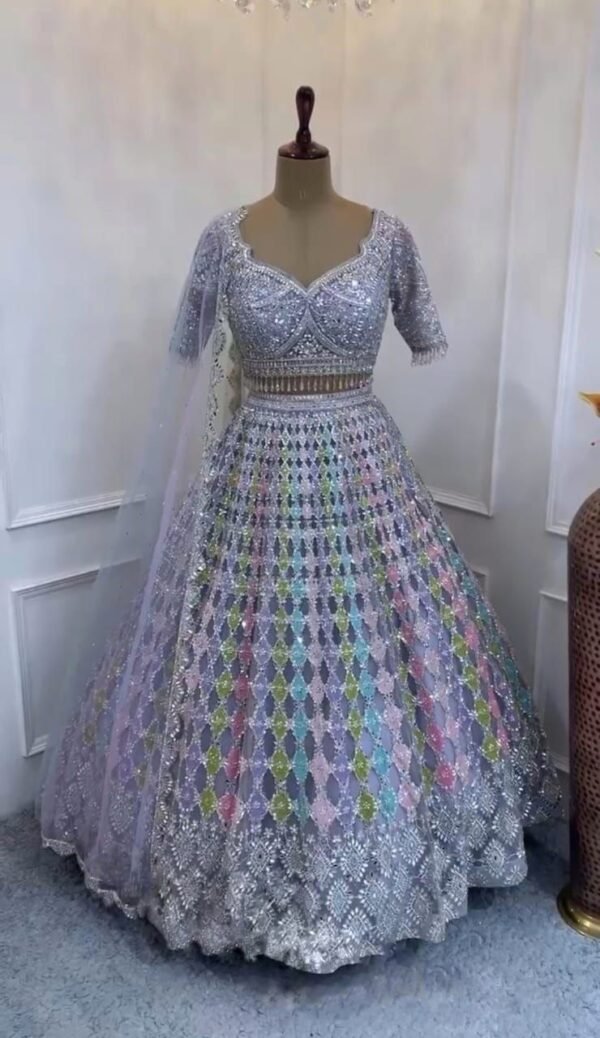 Soft colour mix shiny mirror and sequence dinner lehenga