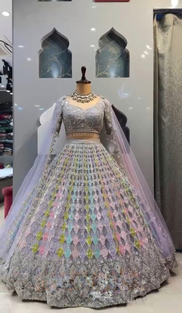 Soft colour mix shiny mirror and sequence dinner lehenga